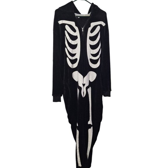 Skeleton One Piece Pajama Full Zip Bones Black Adult‎ Large Hood Face X Ray Rad - Picture 7 of 7